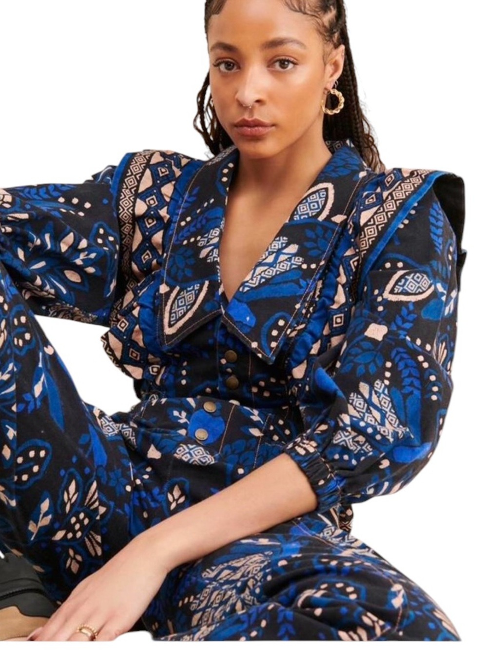 FARM Rio Macaw Forest Tropical Cotton Jumpsuit Black Blue Medium Anthropologie